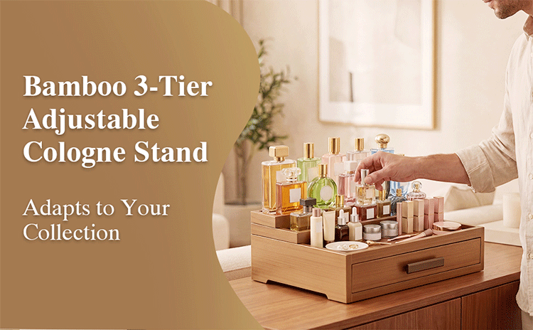 Bamboo perfume storage rack, three-layer adjustable, with drawer, perfume base, table top, luxury display rack(Image1) Bamboo perfume storage rack, three-layer adjustable, with drawer, perfume base, table top, luxury display rack(Image1)