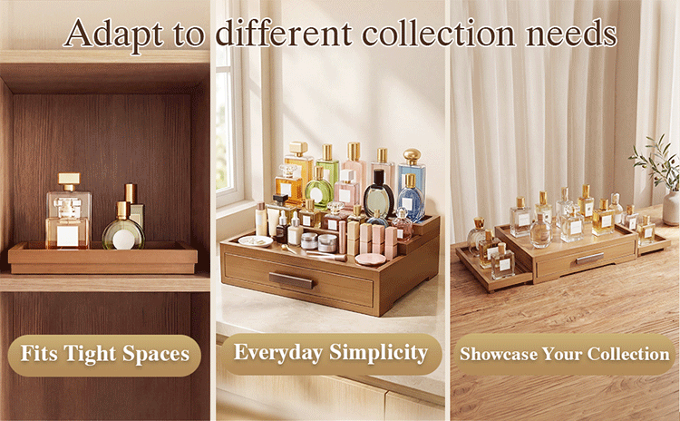 Bamboo perfume storage rack, three-layer adjustable, with drawer, perfume base, table top, luxury display rack(Image3) Bamboo perfume storage rack, three-layer adjustable, with drawer, perfume base, table top, luxury display rack(Image3)