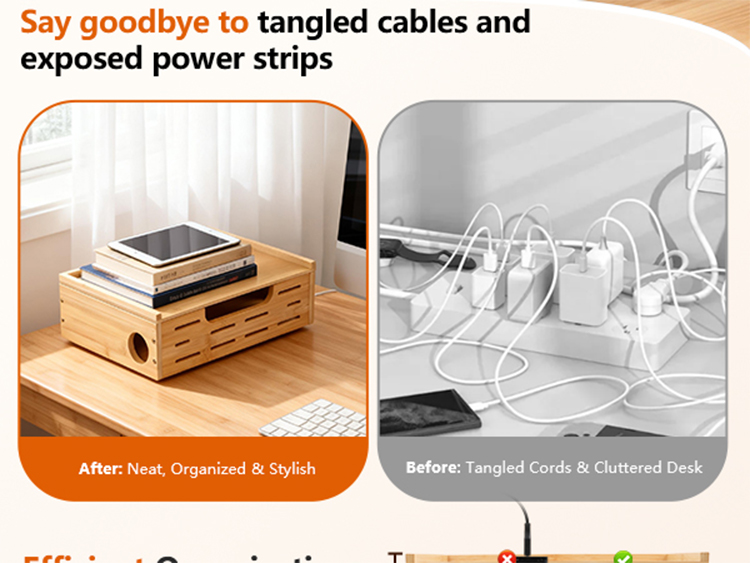 Bamboo lined plug-in storage box, large capacity desktop/under table wire management box, hidden socket collection box(Image2)