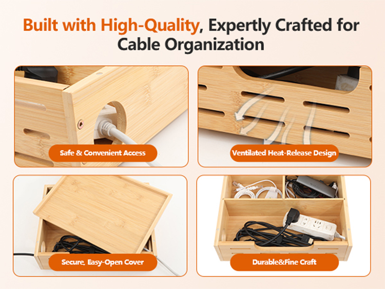 Bamboo lined plug-in storage box, large capacity desktop/under table wire management box, hidden socket collection box(Image5)