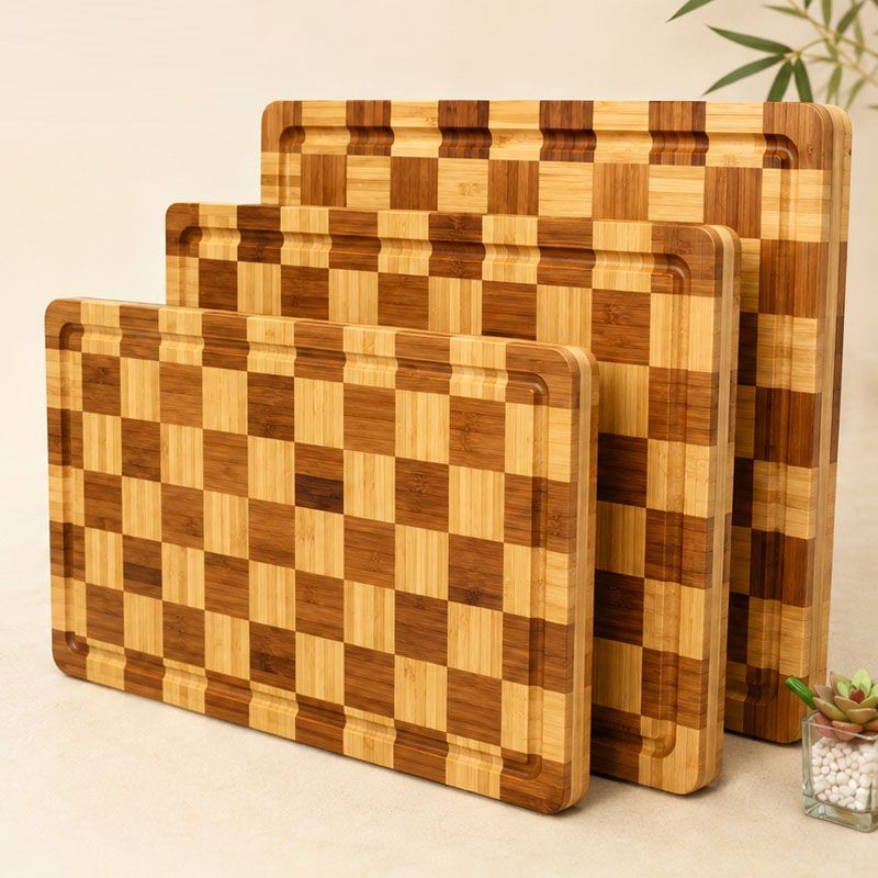 Two-Tone Checkerboard Bamboo Cutting Board Set