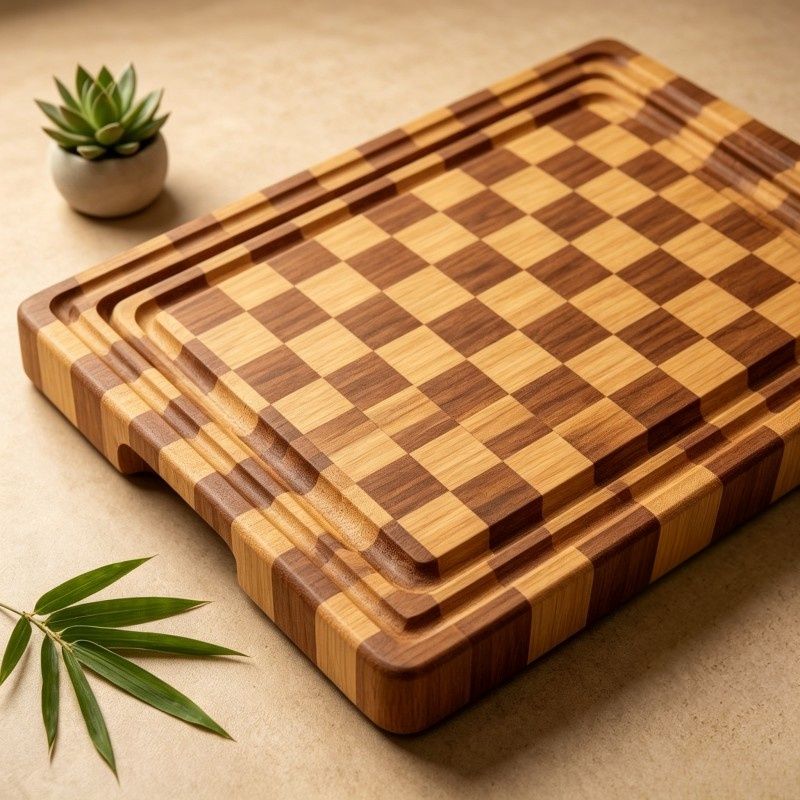 Two-Tone Checkerboard Bamboo Cutting Board Set