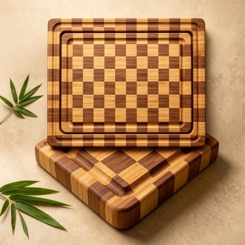 Two-Tone Checkerboard Bamboo Cutting Board Set