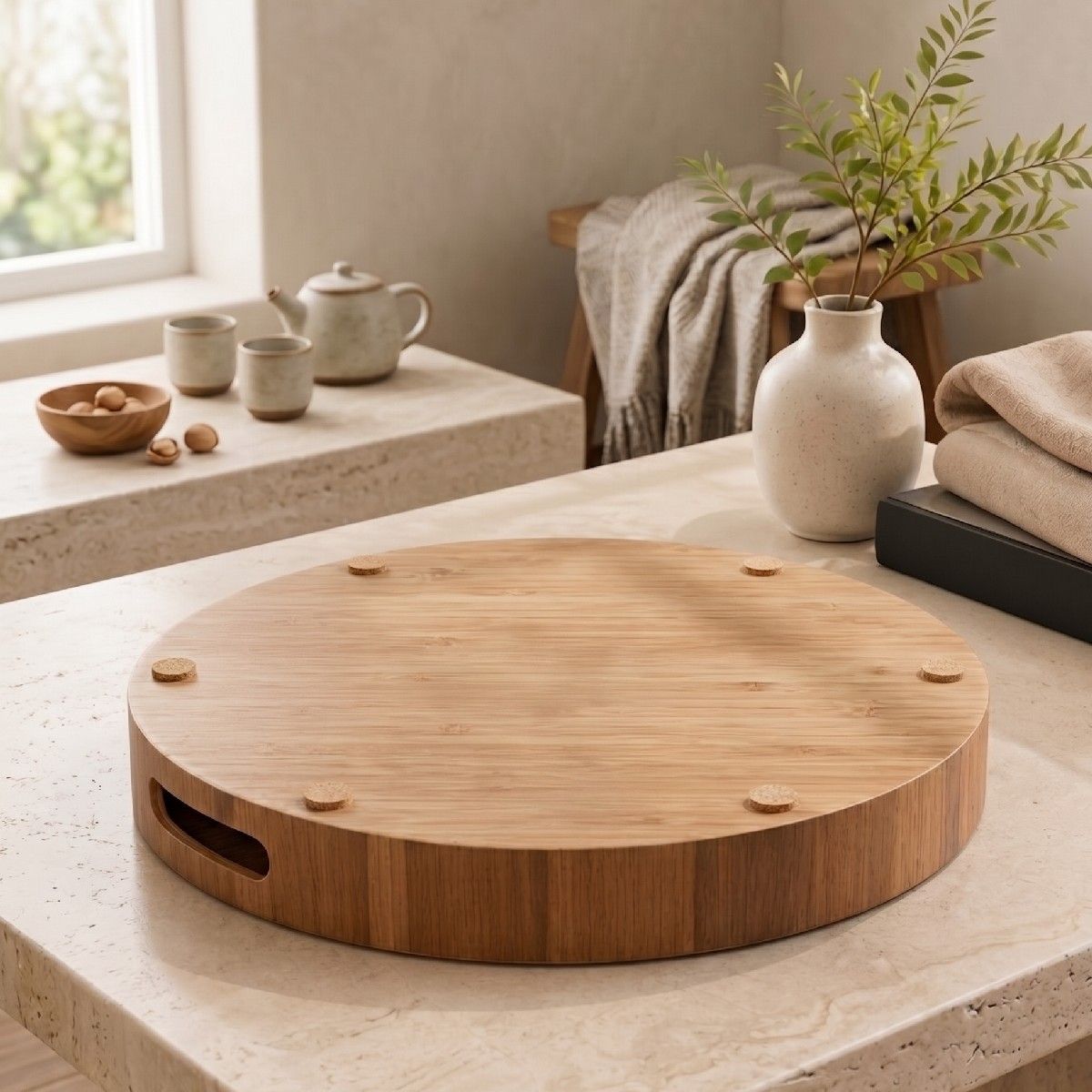 Circular bamboo display tray