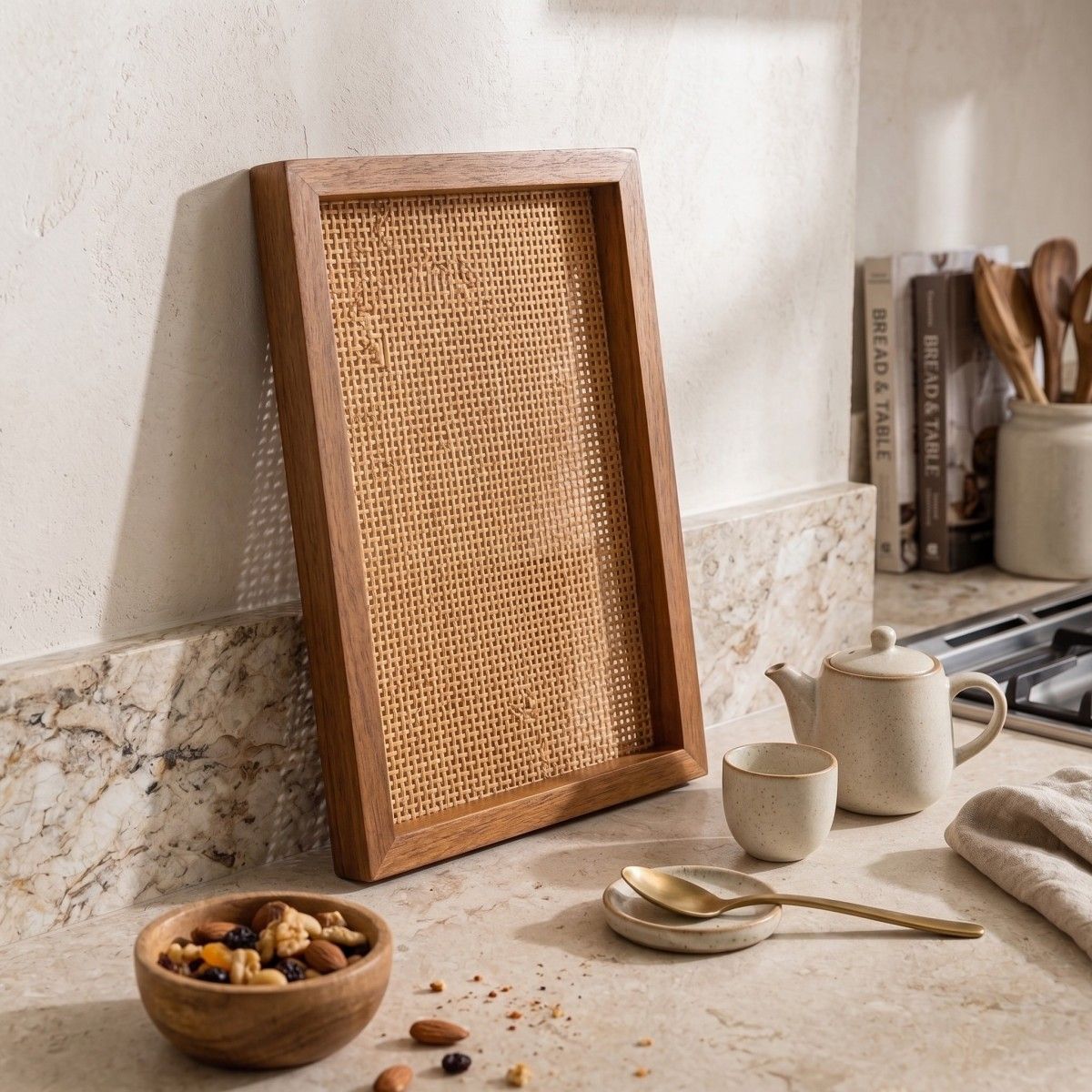 Natural rattan frame tray
