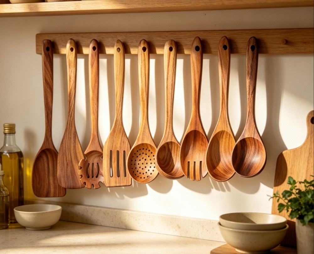 Teakwood Pot Lifter and Spoon Set of 9(Image1) Teakwood Pot Lifter and Spoon Set of 9(Image1)
