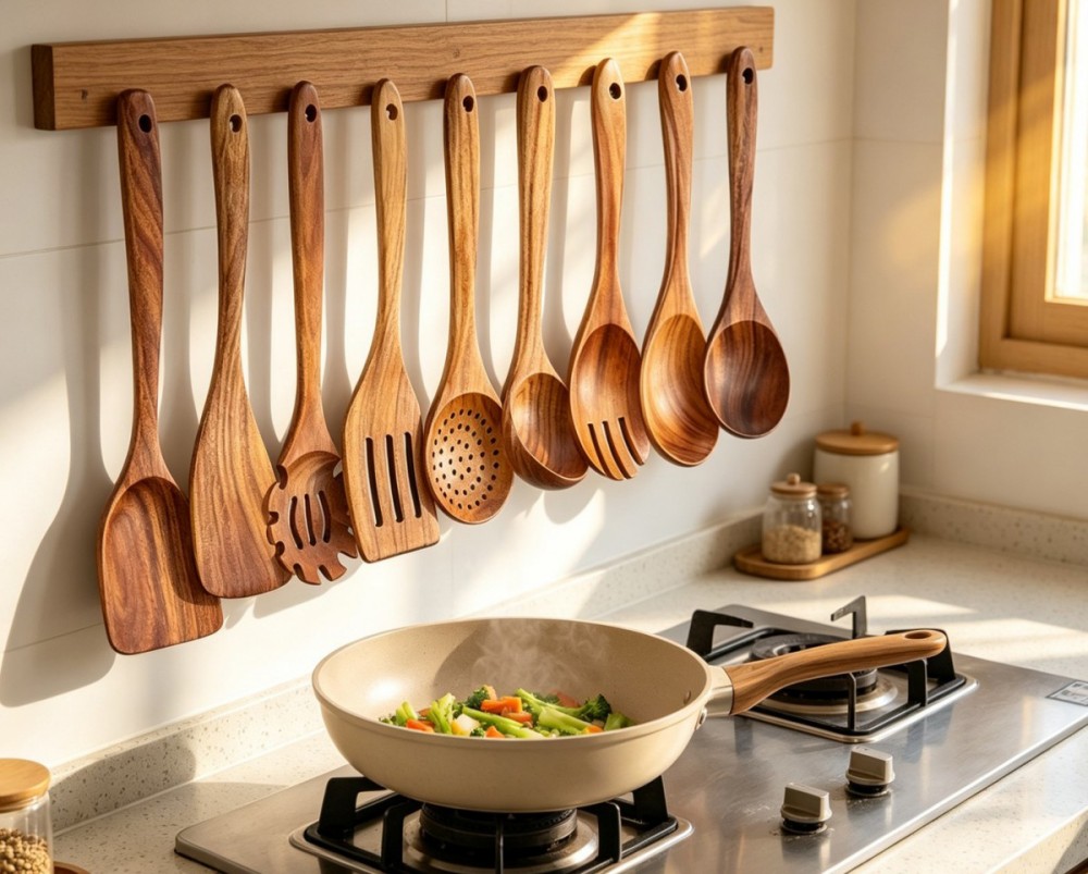 Teakwood Pot Lifter and Spoon Set of 9(Image4) Teakwood Pot Lifter and Spoon Set of 9(Image4)