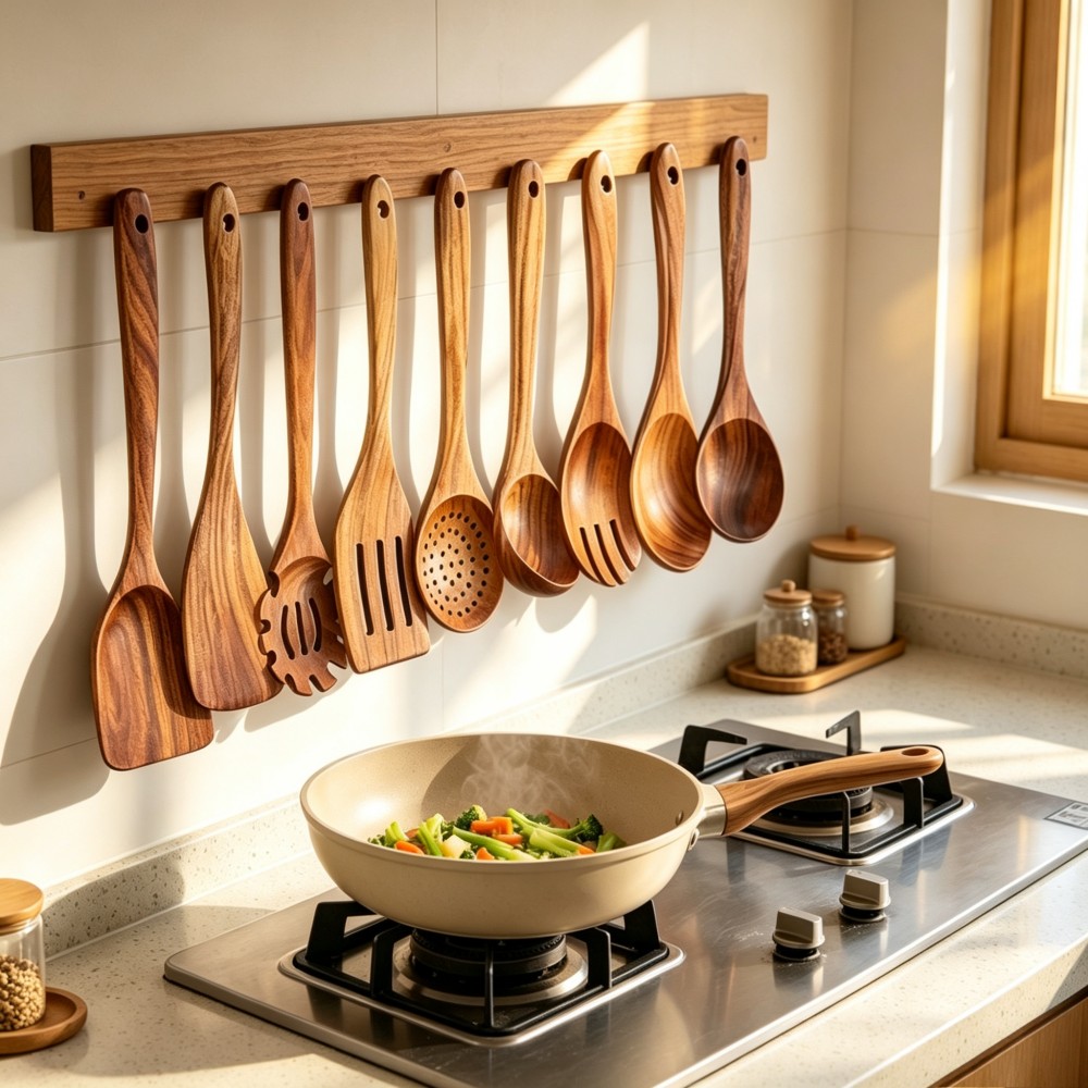Teakwood Pot Lifter and Spoon Set of 9